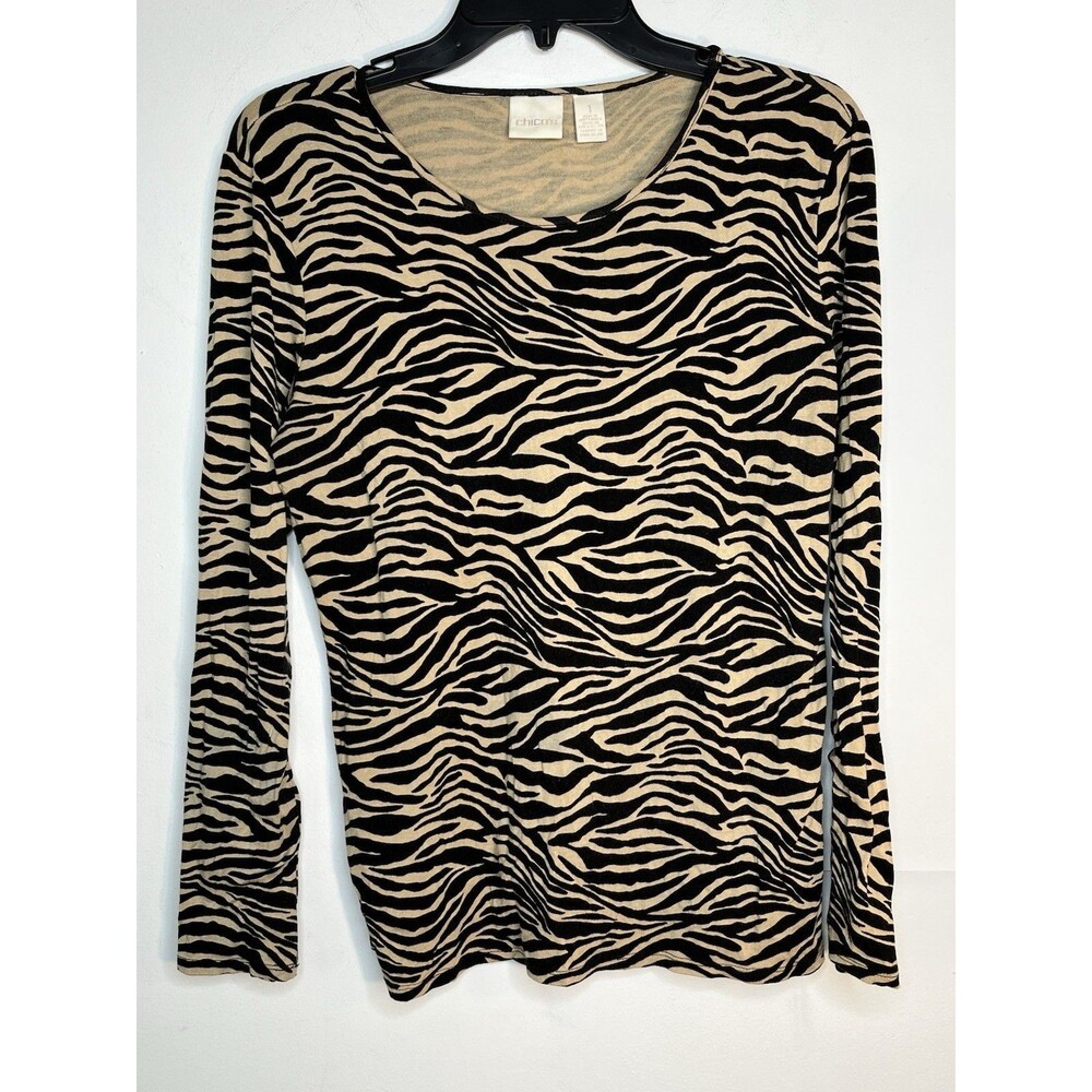 Chicos Trendy Zebra Print Tan Black Long Sleeve  1 Top M 6 8